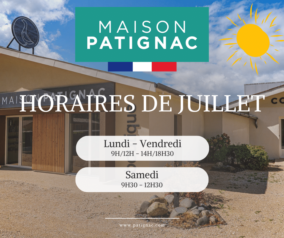 Nouveaux Horaires d'ouverture de la Maison Patignac. Durant l'été 2024 nous vous accueillerons à la boutique, 53 Route de Toulouse 31310 Montesquieu Volvestre, la semaine mais aussi le samedi matin. En juillet vous pourrez venir le : - lundi de 9h00 à 12h00 puis de 14h00 à 17h30 - mardi de 9h00 à 12h00 puis de 14h00 à 18h30 - mercredi de 9h00 à 12h00 puis de 14h00 à 18h30 - jeudi de 9h00 à 12h00 puis de 14h00 à 18h30 - vendredi de 9h00 à 12h00 puis de 14h00 à 18h30 - samedi de 9h30 à 12h30